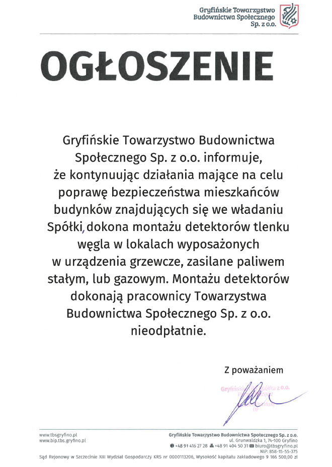 Infromacja GTBS, o montażu deterktorów tlenku węgla w lokalach.